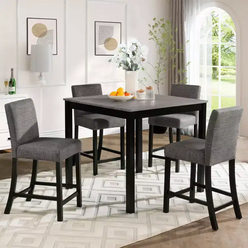 MAYEERTY 6-Piece Wooden Dining Set, 4 Chairs & Bench for 6, Light Grey & Black Two Tone