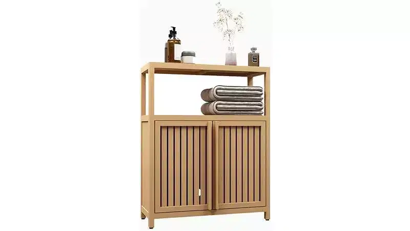 Bathroom Storage Cabinet with Double Slatted Doors, Open Side Shelf; Freestanding Organizer for Bathroom, Living Room, Hallway, Kitchen Neutral