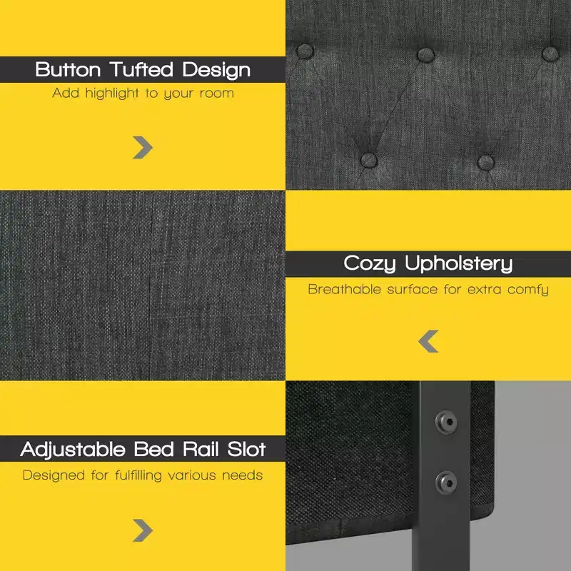 Queen Upholstered Headboard Adjustable Button Tufted Faux Linen Light Grey
