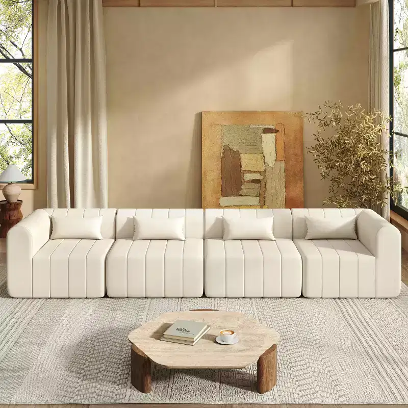 MAYEERTY 145.5-Inch Modular Sectional Sofa Beige Polyester Upholstery, 4-Piece Compressed Sponge Couch for Living Room