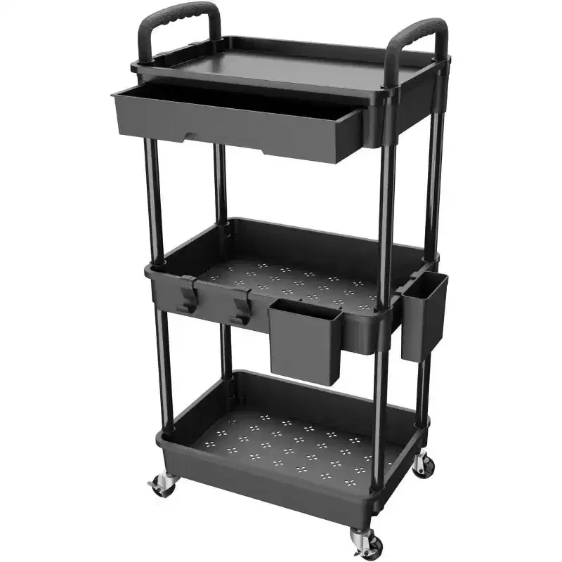 3 Tier Rolling Utility Cart with Drawer, Plastic Storage Organizer Cart with Wheels, Lockable Caster for Kitchen, Bathroom, Office, Bedroom