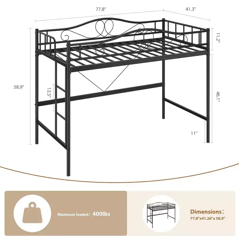 Heavy Duty Metal Twin Loft Bed with Ladder - 400 lb Capacity, Full Safety Guardrail, Space-Saving Design, No Box Spring Needed, Easy Assembly