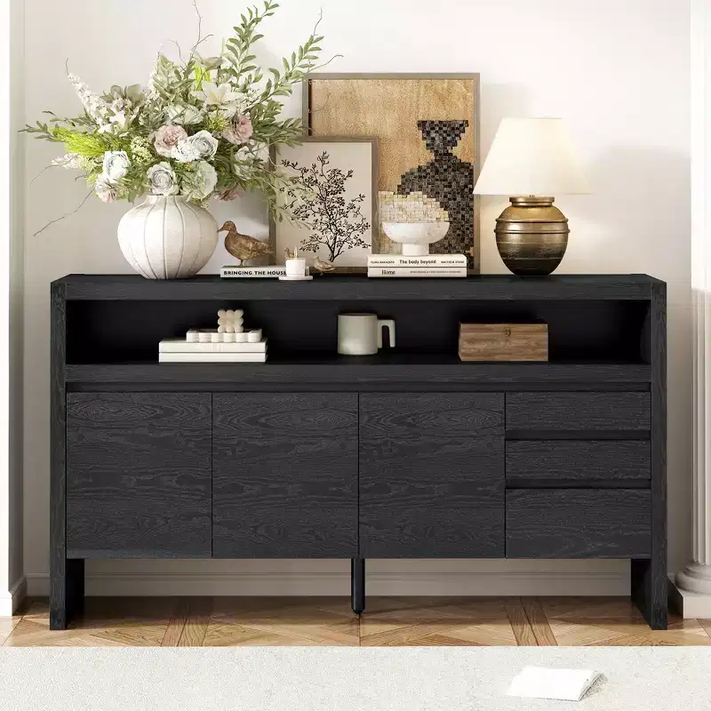 60 Accent Storage Cabinet Sideboard with 3 Drawers, Big Open Shelf & 3 Doors, Buffet Cabinet Entryway Console Table TV Stand for Living Room Kitchen