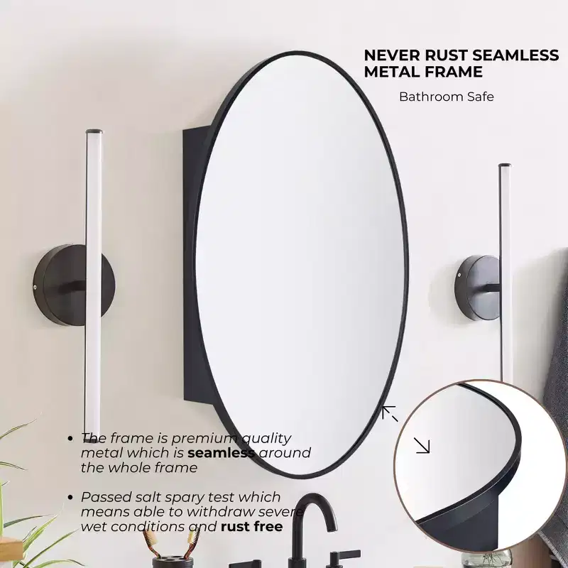 TEHOME Cedar Surface Mount Black Oval Bathroom Medicine Cabinet with Mirror Metal Framed Oval Bathroom Storage Cabinet 20x30''