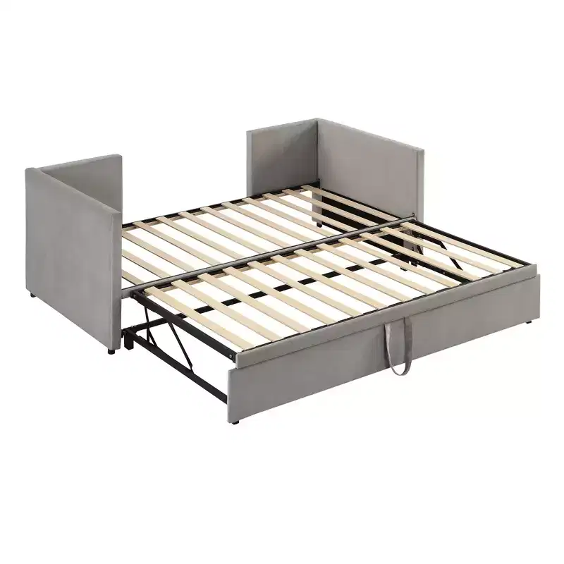 Gray / Beige / Pink Velvet Twin Daybed with Trundle, Sleeps 1–2