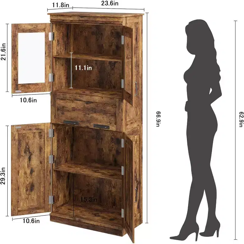 Acekool Tall Storage Cabinet with Double Doors, Adjustable Shelves & Drawer, Glass Accent for Bathroom, Living Room, Kitchen
