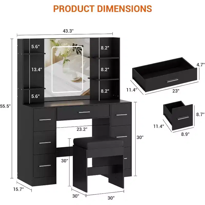 Vanity Desk with Mirror and Chair, Makeup Vanity Table with 7 Drawers and 6 Storage Shelves Dressing Table for Bedroom Dressing Room