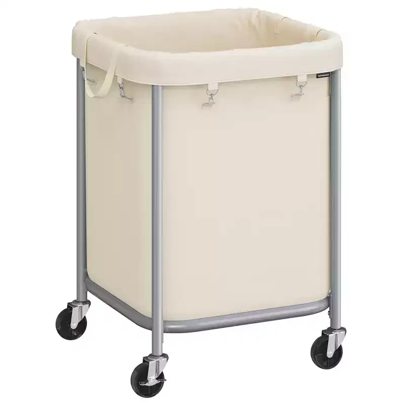 45-Gallon (170 L) Laundry Basket with Wheels,with Steel Frame and Removable Bag, 2 Locking Wheels, Cream White and Metallic Silver