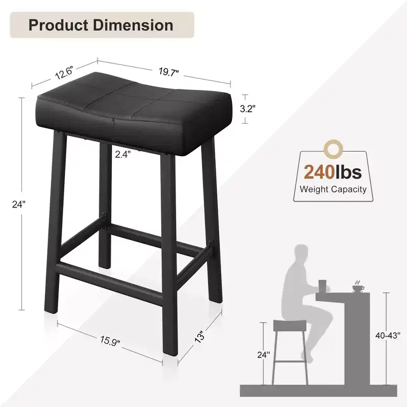 24 Inch PU Leather Barstools Set of 2, Counter Height Bar Stools, Metal Legs, Thick Saddle Seats, Breakfast Stools, for Kitchen