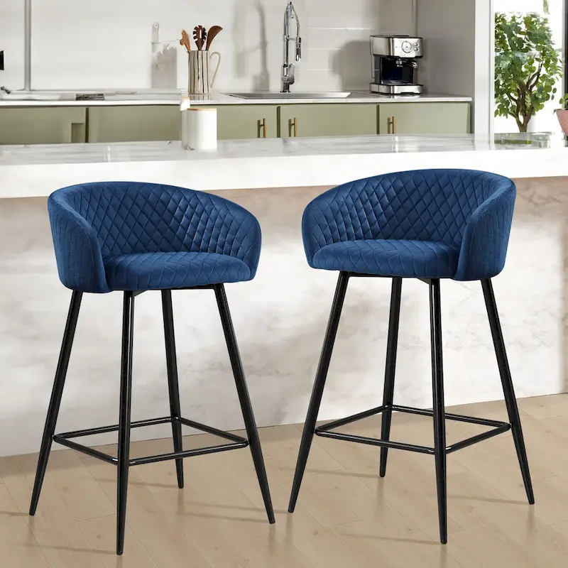 Velvet Upholstered Counter Height Bar Stools with Arms & Metal Legs - 33.9 H x 20.1 W x 20.7 D