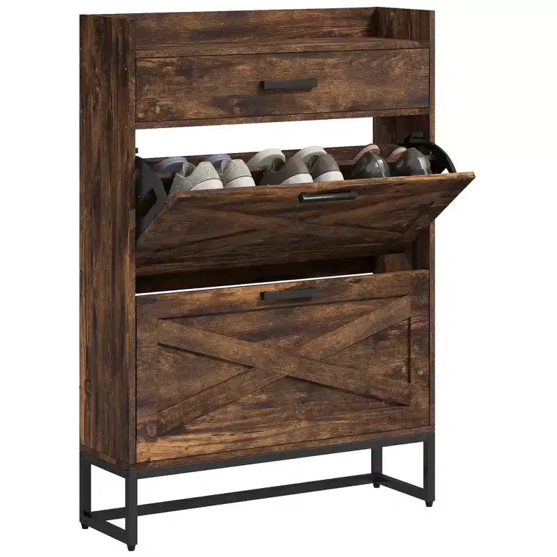 Slim Industrial Shoe Cabinet - 2 Flip Drawers, Adjustable Shelves, Holds 12 Pairs