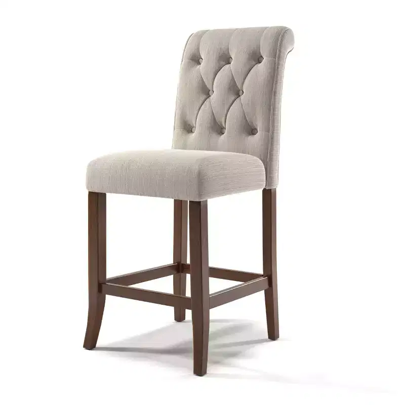2-Pack Brandta Button-Tufted Counter Height Barstool — Beige/Rustic Oak, Wood Legs