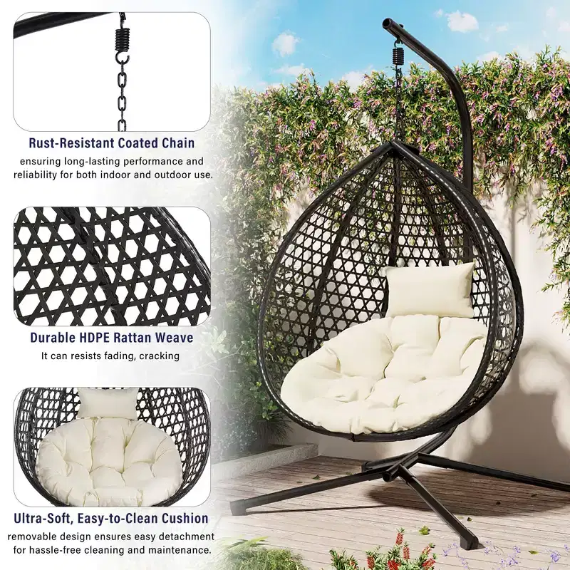 GDFStudio Anderson Hanging Egg Rattan Chair with Stand and Soft Removable Cushion