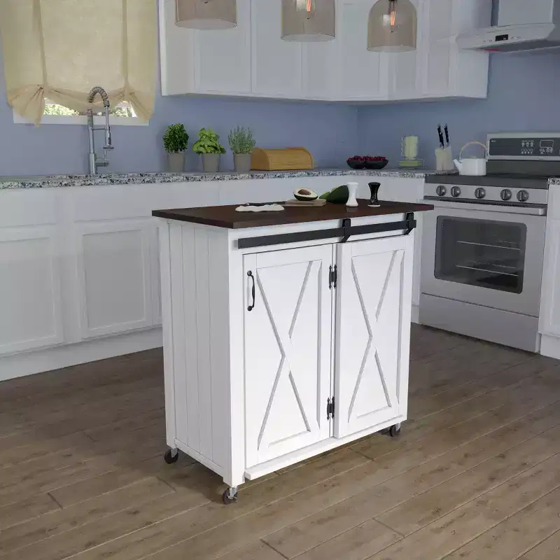 Leshire Barn-Door Kitchen Cart - White - SEI