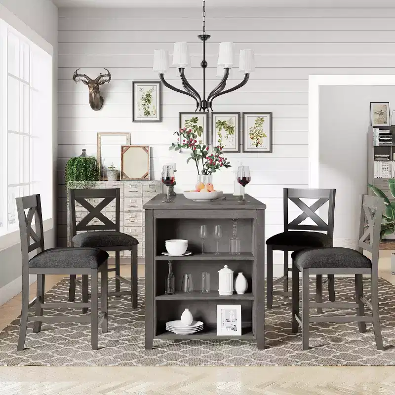 5 Pieces Counter Height Dining Table Set for 4, Rustic Farmhouse Wooden Bar Table Set with 4 Chairs for Dining Room