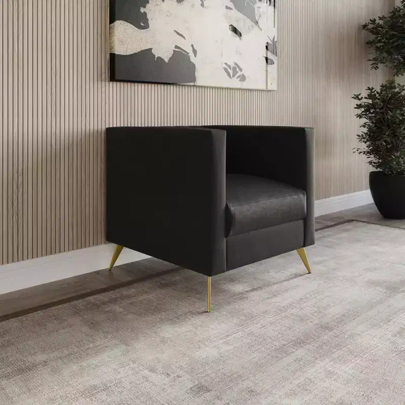 Velvet Square Arm Chair with Channel Tufting and Gold Legs