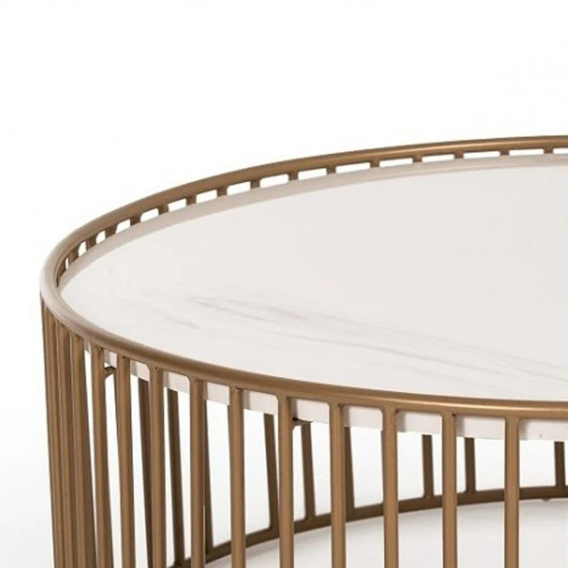 Metal & Faux Marble Round Coffee Table with Slatted Frame – Gold