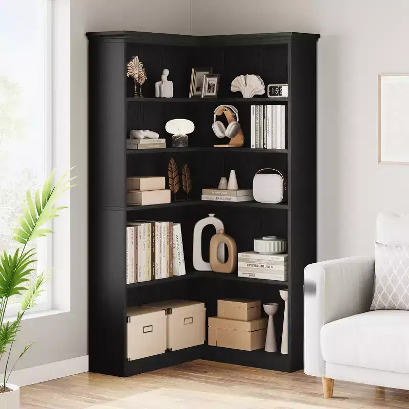 CuisinSmart Farmhouse Corner Book Shelf, with 5-Tire Shelf, Tall Standing Bookshelves, L Shaped Large Display Racks Book Shelf