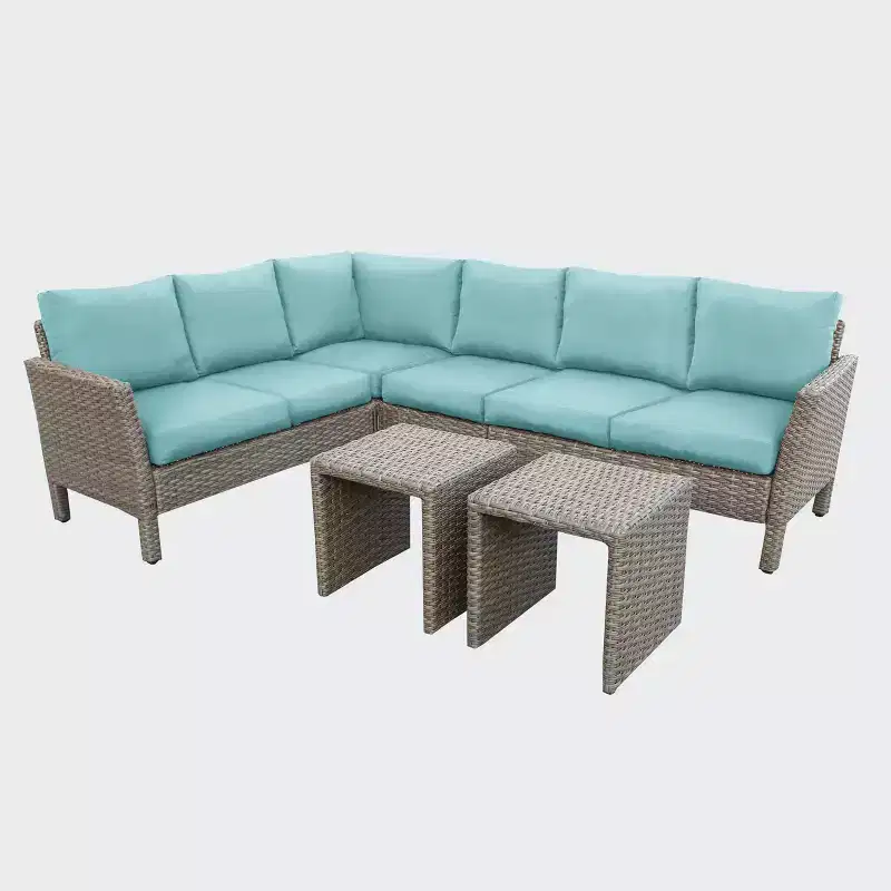 Leisure Made Canton 6pc Wicker Sectional in Spa Blue Fabric