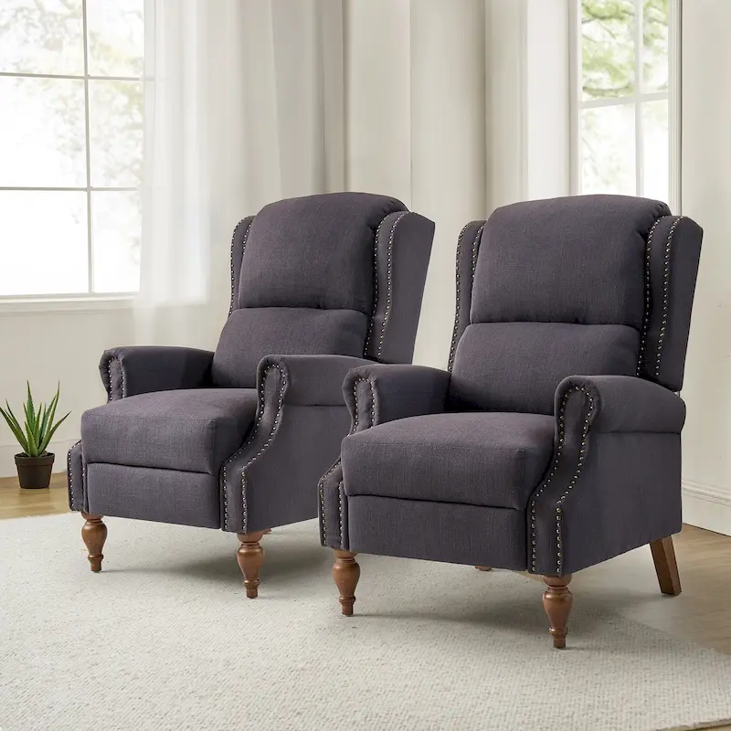 Traditional Roll Arm Manual Recliner with Solid Wood Legs