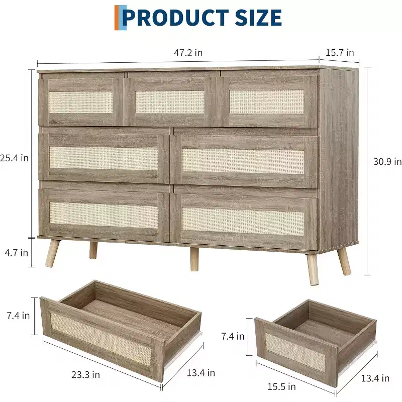 7-Drawer Rattan Dresser – Modern Wood Chest with Woven Fronts for Bedroom, Living Room & Nursery