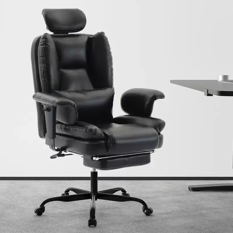 Office Chair Ergonomic 200 kg PU Leather Computer Chair with Lumbar Support and High Backrest, Ergonomic Desk Chair with Liftable Headrest, Black