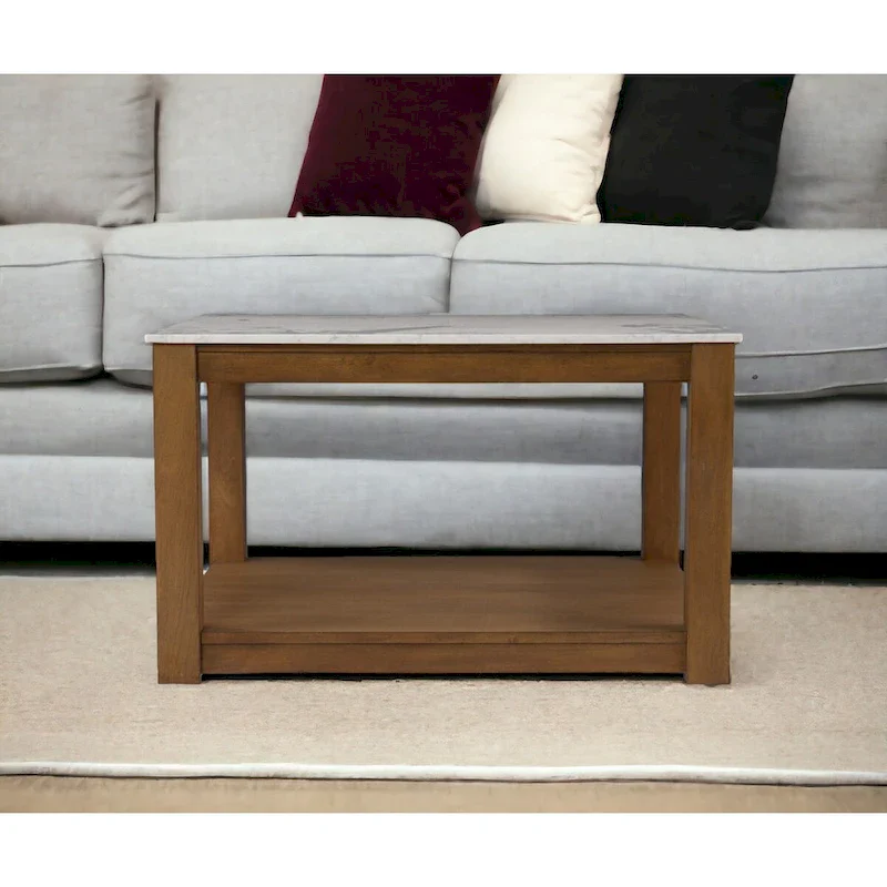 Square Coffee Table with Faux Marble Top and Storage Shelf, 30