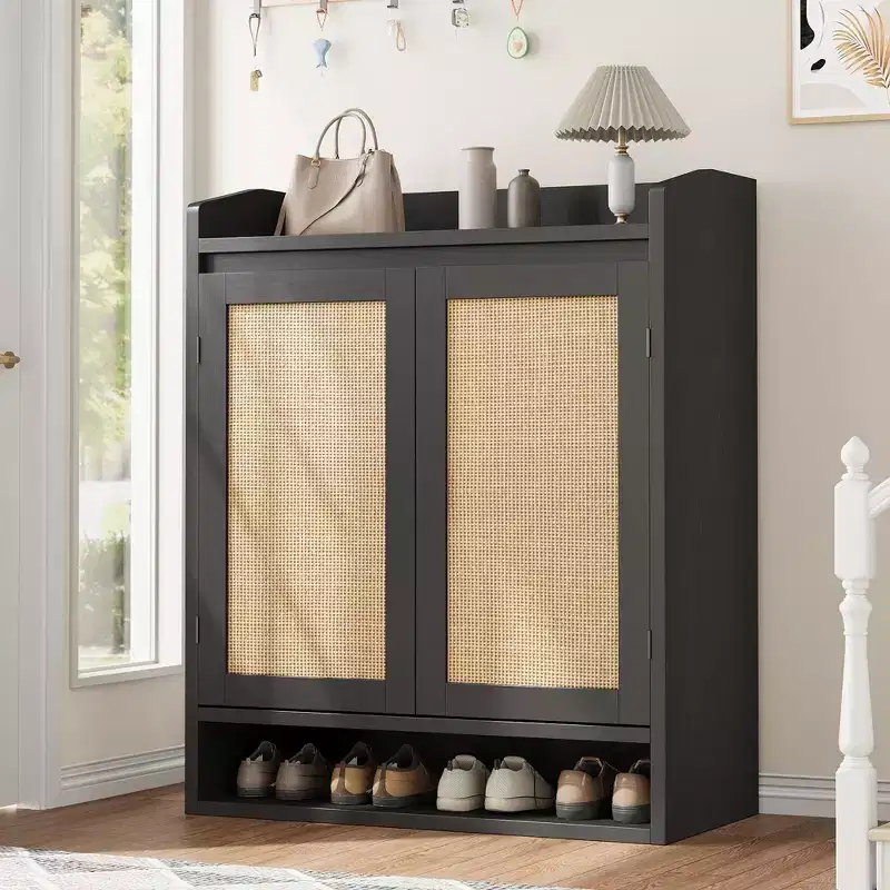 Coolmee Shoe Cabinet for Entryway, Rattan Shoe Storage Organizer with Adjustable Shelves, Closed Shoe Rack for Hallway, Living Room, Bedroom
