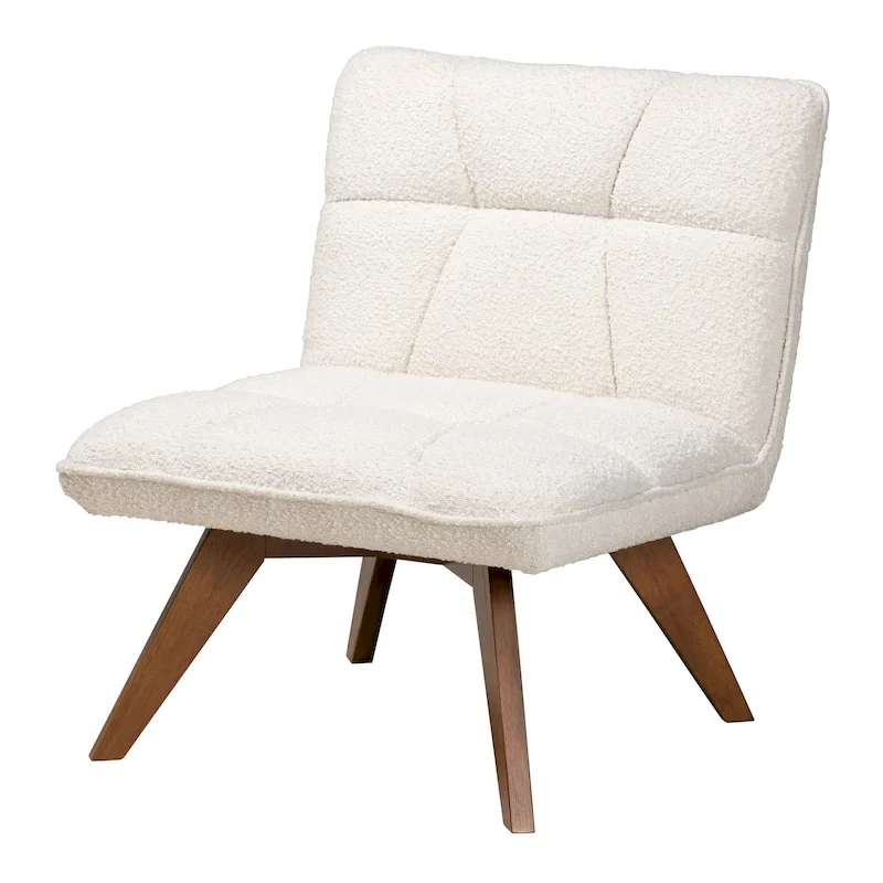 Japandi Cream Boucle Fabric and Walnut Brown Finished Rubberwood Accent Chair