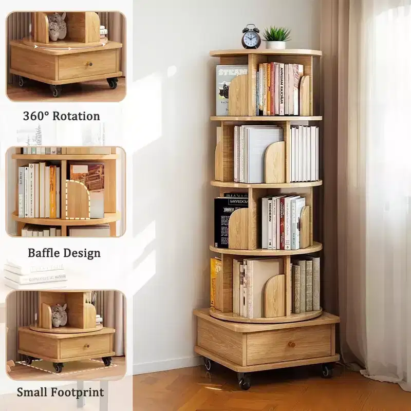 Chic Crate-5-Tier Rotating Bookshelf  360 Display | Wheels+Drawer | Space-Saver | Bedroom/Living Room/Office | Wood