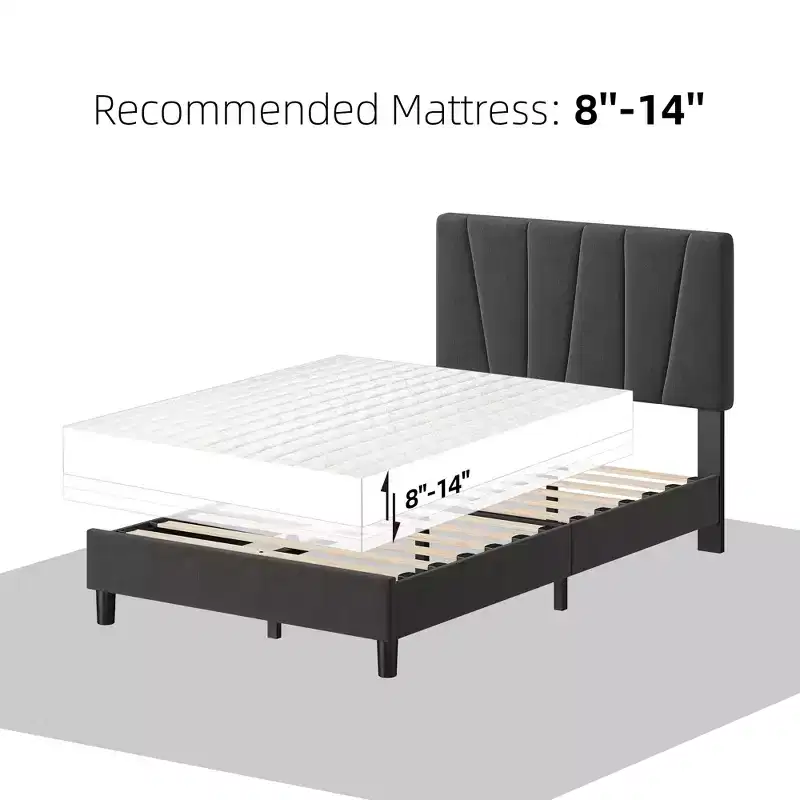 Bed Frame with Adjustable Headboard, Linen Upholstered Full Platform Bedframe with Strong Wooden Slats