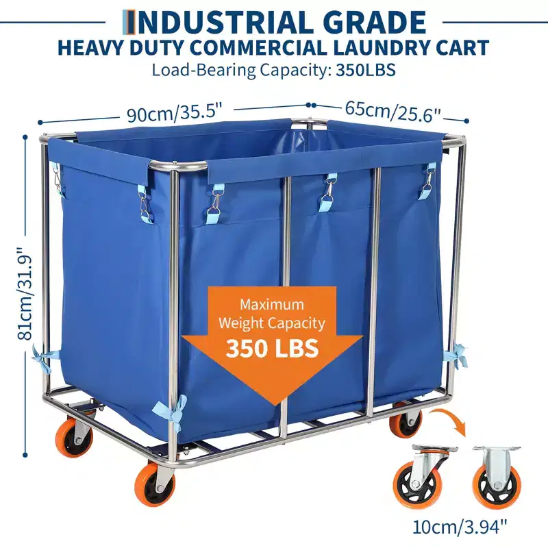 Heavy Duty 400L Laundry Cart with Wheels  Removable Waterproof Oxford Liner, Rolling Flatbed Trolley for Hotel, Hospital, School, Home  Blue