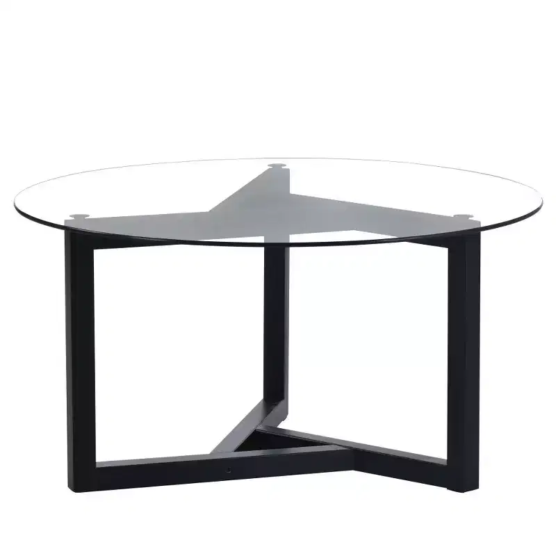 Zeus & Ruta Modern Round Glass Coffee Table with Sturdy Wood Base