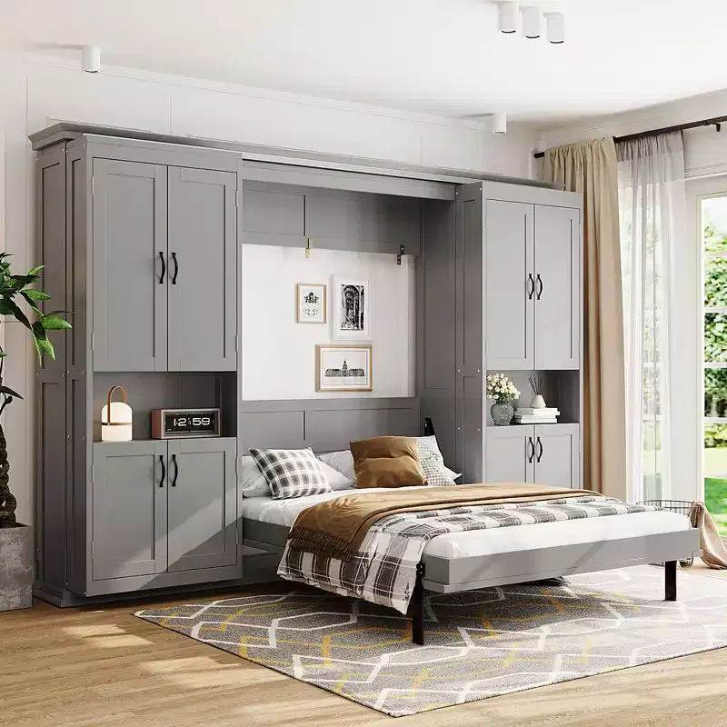Full Size Murphy Bed Space-Saving Wall Bed with Dual Sliding Storage Cabinets & Dual 6-Tier Side Shelves - ModernLuxe