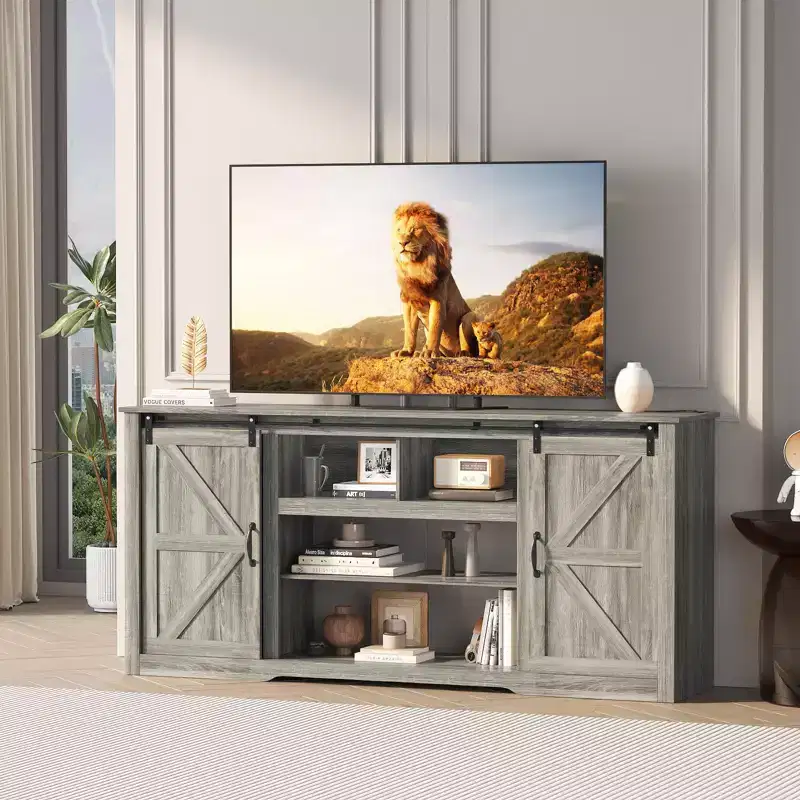 70 Farmhouse TV Stands for 80 TVs, Rustic Wooden Entertainment Center with Adjustable Shelves & Sliding Barn Door,TV Console Table with Open Storage