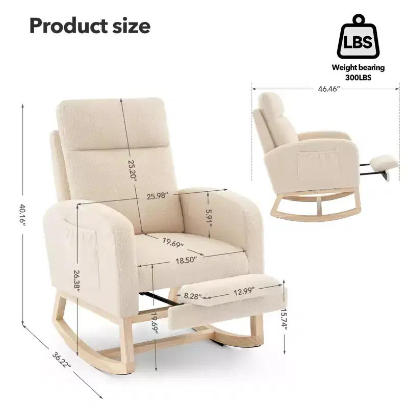 Teddy Upholstered Nursery Rocking Chair, 300lbs Wood Glider w/ High Backrest & 2 Side Pockets, Comfy Accent Rocker for Bedroom & Living Room