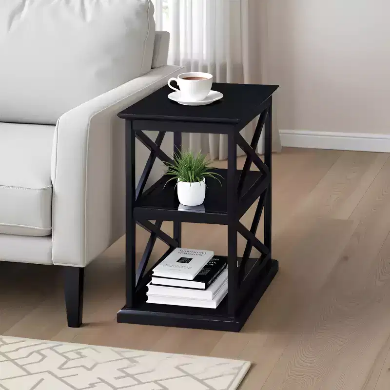 Chairside End Table with Shelves, Double X Frame, Three-Tier Storage, Black