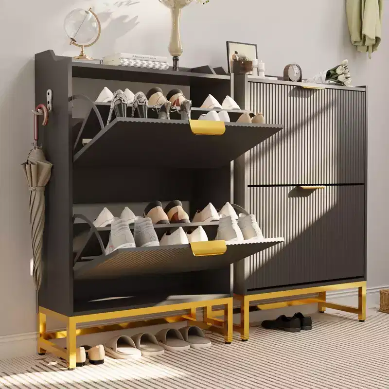COZONY Wave Design Shoe Cabinet with 3 Flip Drawers & 2 Storage Drawers, Slim Fluted Shoe Organizer for Entryway