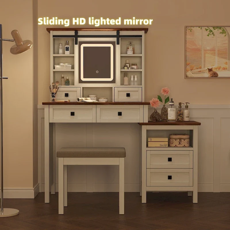 46.5 Farmhouse Makeup Vanity Desk with Adjustible LED Lighted Mirror and Charging Station, Rustic Dressing Vanity Table