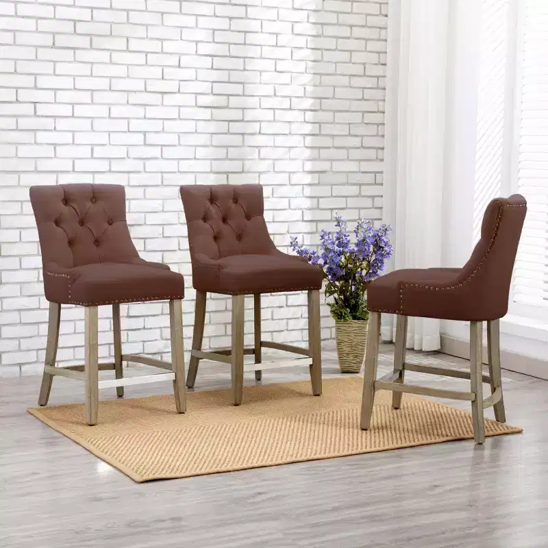 WestinTrends 24 Linen Tufted Buttons Upholstered Wingback Counter Stool (Set of 3), Brown