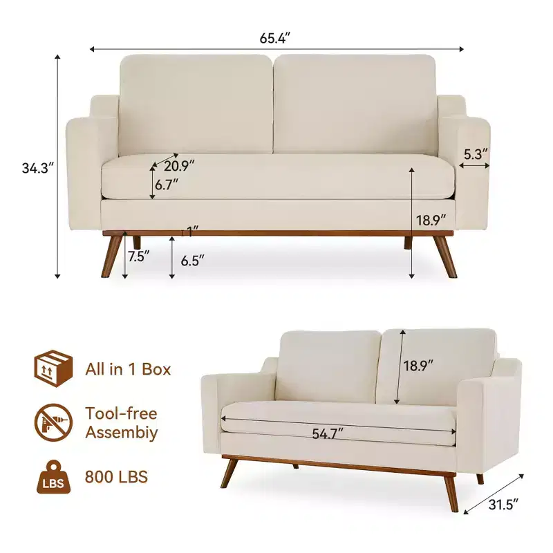 65.4 Comfy Loveseat Sofa Couches for Living Room,Mid Century Modern Small Couch with Spring Cushion,Solid Wood Frame,Tool-Free Assembly