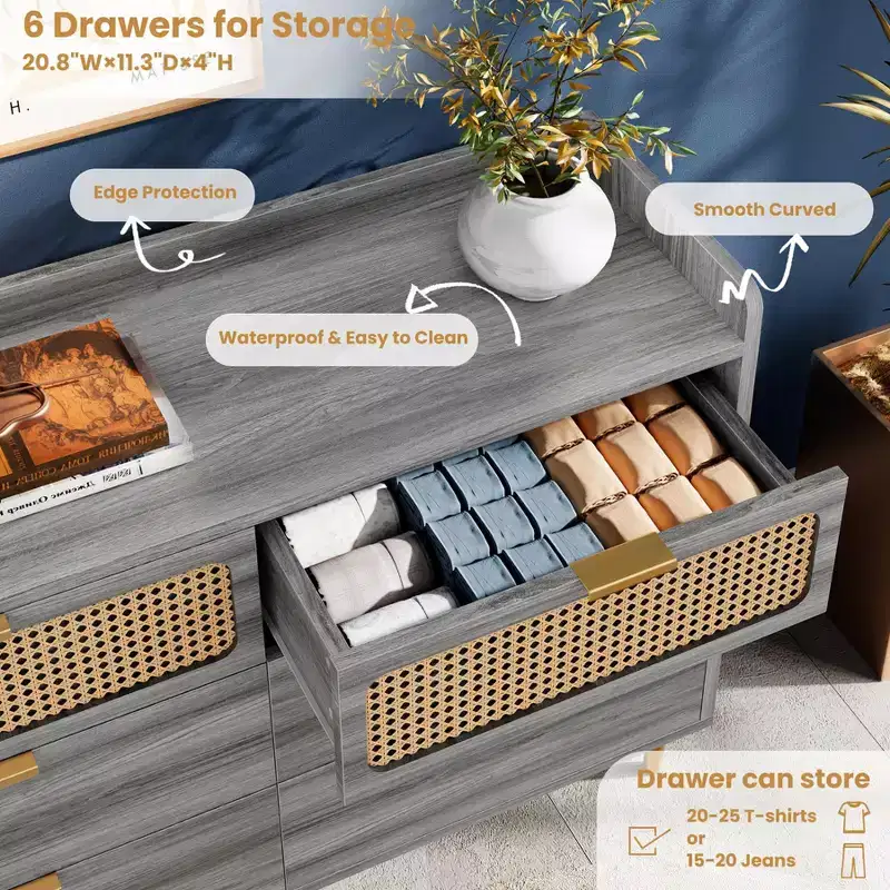 Dresser for Bedroom, 6-Drawer Mid Century Modern Dresser with Gold Hardware & Rattan Design, TV Stand