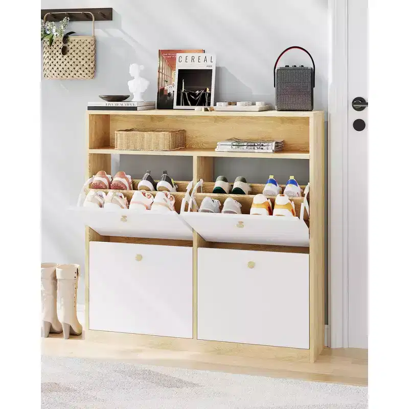 Narrow Wooden Entryway Shoe Cabinet with 4 Flip Drawers & Open Shelf, Freestanding Shoe Storage Organizer for Entryway, Hallway and Bedroom