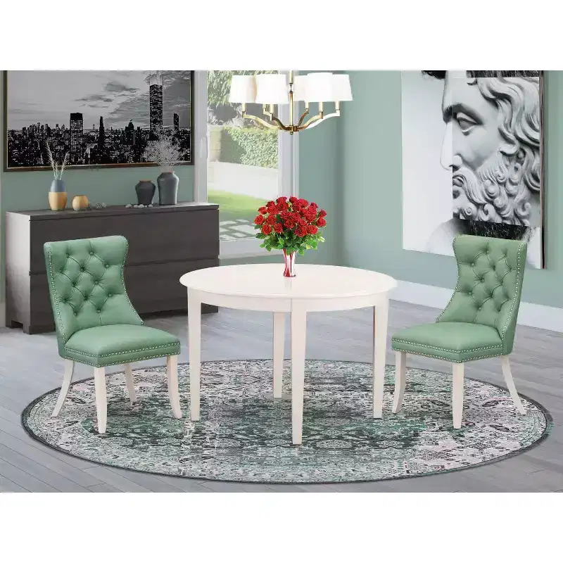 3-Piece Linen White Finish Round Solid Wood Top Dining Table Set