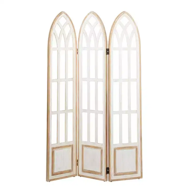 3-Panel Farmhouse Wood Room Divider Screen, White, 48