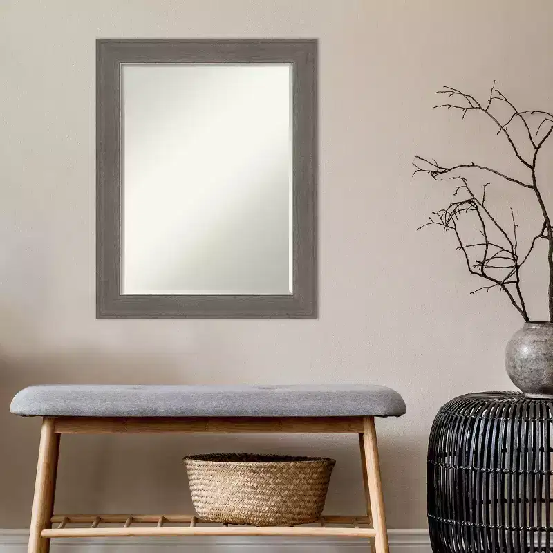 Petite Beveled Bathroom Wall Mirror, Brown Grey Wood Frame