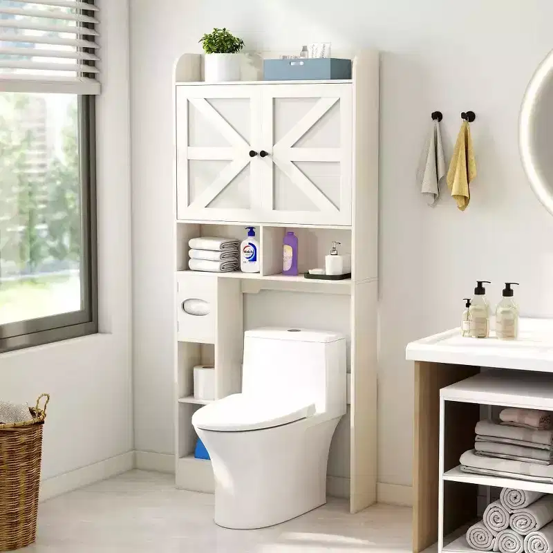 Dyonery Over The Toilet Storage Cabinet with Barn Doors, Farmhouse Bathroom Space-Saving Organizer with Toilet Paper Holder & Adjustable Shelf