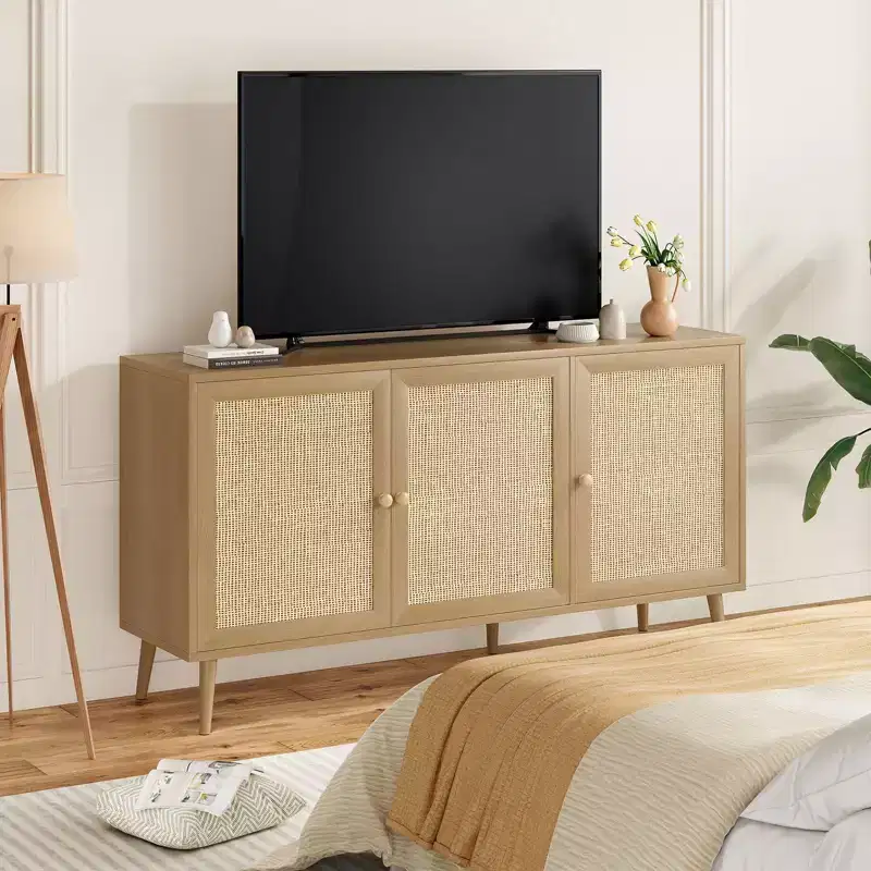 Side Panel Cabinet with 3 Rattan Doors, Kitchen Storage Cabinet with Modern Adjustable Legs