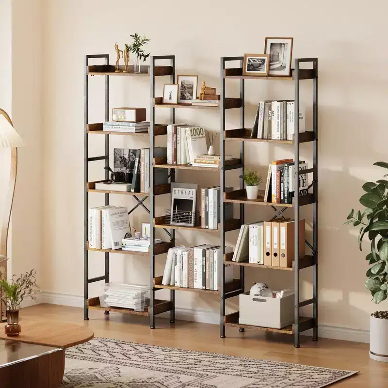 Bookshelf, Bookcase  Triple 5-Tier Industrial Bookcase with 14 Open Shelves Sturdy Metal Frame Rustic Brown Storage Rack