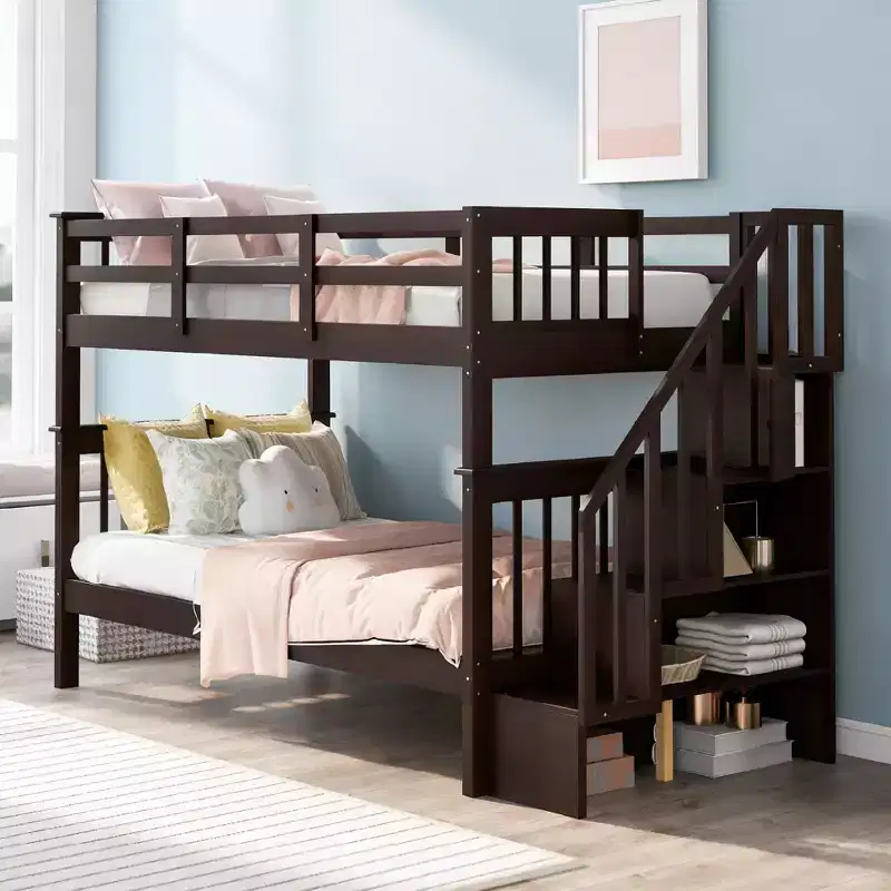 Luxystar Twin over Twin Bunk Bed with Storage Staircase and Fence for Apartment and Dorm